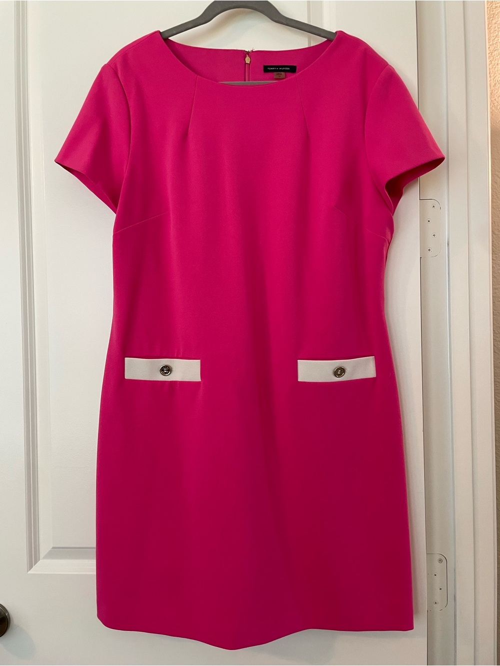 Tommy Hilfiger Hot Pink Shift Dress with Cream Faux Pocket Tabs